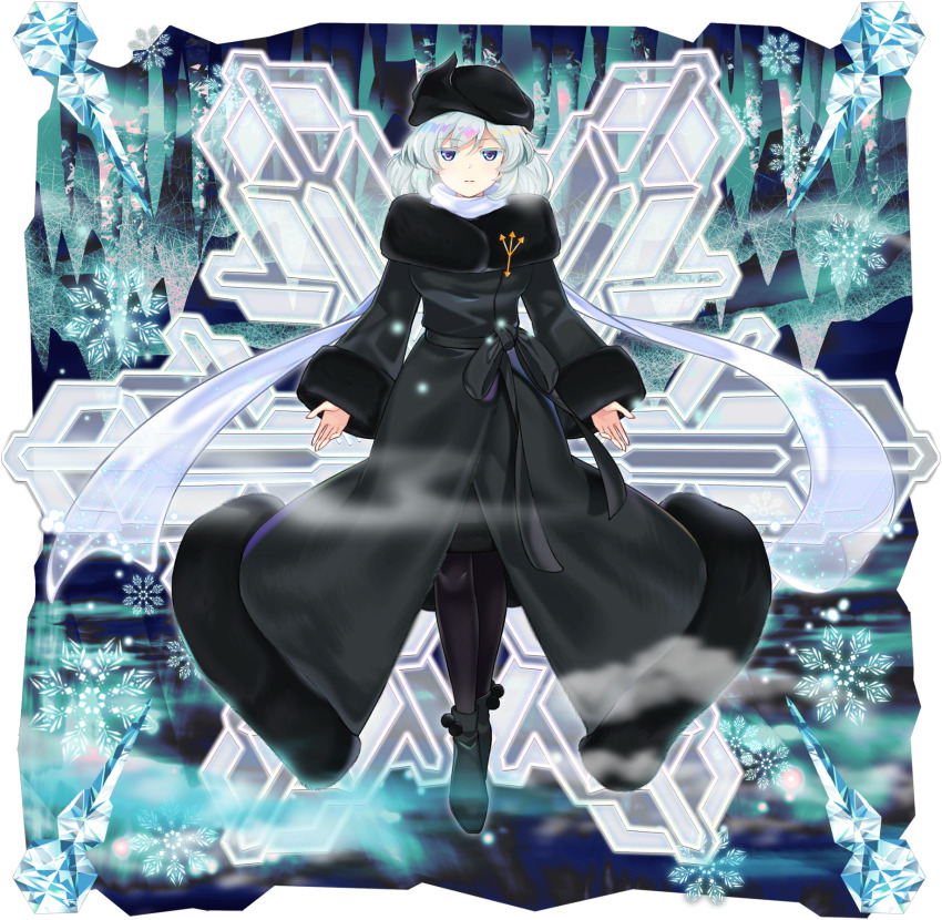 1girl alternate_costume alternate_headwear_color black_dress black_hat black_pantyhose closed_mouth dress expressionless fur-trimmed_sleeves fur_trim game_cg grey_hair hat highres ice letty_whiterock long_hair long_sleeves looking_at_viewer official_art pantyhose purple_eyes rotte_(1109) russian_clothes shoes snowflakes solo third-party_source touhou touhou_lostword transparent_background