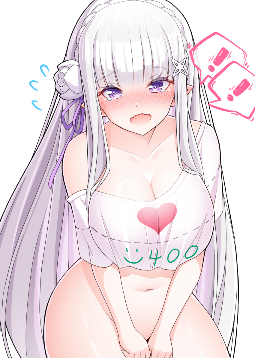 ! 1girl absurdres bare_shoulders between_legs blue_pupils blunt_bangs blush bottomless braid breasts cleavage collarbone commentary_request covering_crotch covering_privates cowboy_shot crop_top crown_braid cut-here_line dotted_line elf embarrassed emilia_(re:zero) flower flying_sweatdrops hair_flower hair_ornament hair_ribbon hand_between_legs heart highres large_breasts leaning_forward long_hair looking_at_viewer merueru navel no_panties open_mouth pointy_ears purple_eyes purple_ribbon re:zero_kara_hajimeru_isekai_seikatsu ribbon rose shirt solo speech_bubble tearing_up twitter_cutting_game twitter_strip_game white_background white_flower white_hair white_rose white_shirt x_hair_ornament