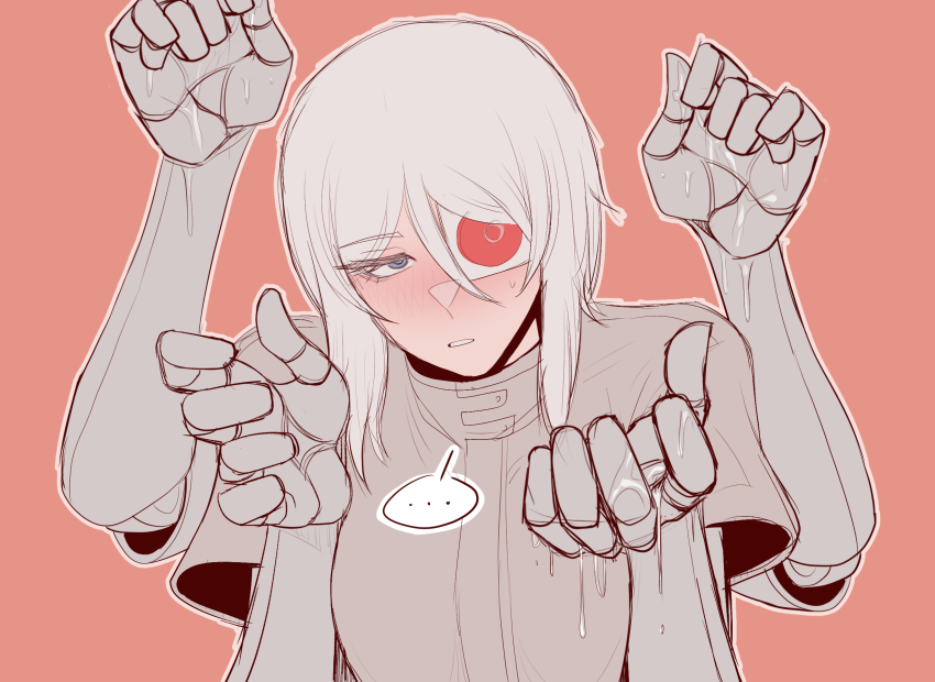 ... 1girl artificial_eye blue_eyes blush coat extra_arms faust_(project_moon) grey_coat grey_hair highres limbus_company mechanical_arms mechanical_eye mechabare medium_hair misg1111 multicrack_office_(identity)_(project_moon) pink_background project_moon red_eyes simple_background solo speech_bubble suggestive_fluid sweatdrop