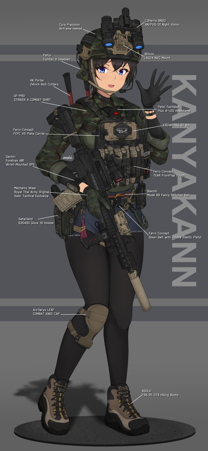 1girl absurdres ammunition_pouch assault_rifle asymmetrical_gloves belt belt_pouch black_gloves black_hair black_pantyhose blue_eyes blue_shorts bolt_cutters boots bracelet breasts brown_boots bulletproof_vest camouflage camouflage_helmet camouflage_shirt camouflaged_vest combat_boots combat_helmet commentary crossed_bangs denim denim_shorts ear_protection english_commentary english_text fast_helmet first_aid_kit flag_background flag_patch flashlight full_body glock gloves glowstick green_gloves gun handgun happy headlamp headset helmet highres holding holding_gun holding_weapon holster jewelry knee_pads large_breasts laser_sight load_bearing_vest logo looking_at_viewer m4_carbine magazine_(weapon) mechanix_wear medium_breasts military military_combat_uniform military_operator military_uniform mismatched_gloves night_vision_device open_mouth optical_sight original pantyhose phone_holder pointing_out_the_details pouch product_placement rifle shirt short_hair shorts signature simple_background single_knee_pad smile soldier solo standing suppressor tactical_clothes thai_flag thigh_strap three-quarter_sleeves under_armour unit_patch vertical_foregrip walkie-talkie watch waving weapon woodland_camouflage wristwatch zerofid