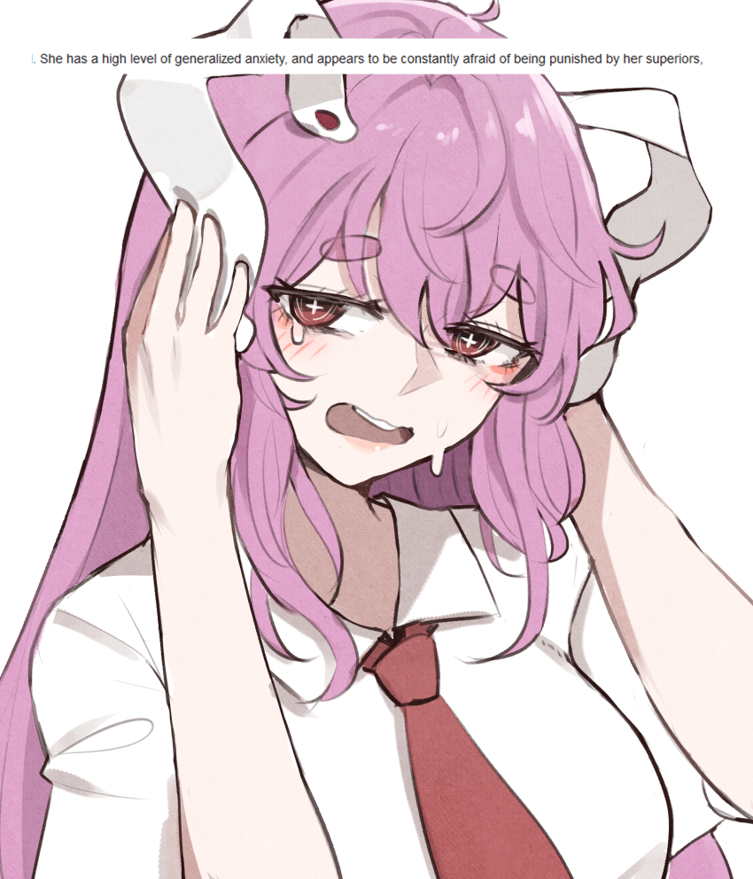 1girl animal_ears blush breasts cropped_torso english_text highres large_breasts mata_(matasoup) necktie purple_hair rabbit_ears rabbit_girl red_eyes red_necktie reisen_udongein_inaba shirt short_sleeves simple_background solo sweat sweatdrop thick_eyebrows touhou white_background white_shirt