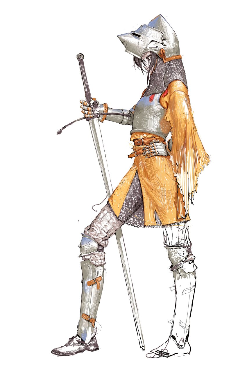 1girl absurdres armor aventail belt breastplate chainmail clothing_request full_body gauntlets greaves grey_hair hand_on_own_hip hauberk helm helmet highres holding holding_sword holding_weapon original pants partially_colored poleyn reverse_grip shoes simple_background solo sword visor_(armor) weapon white_background yziua