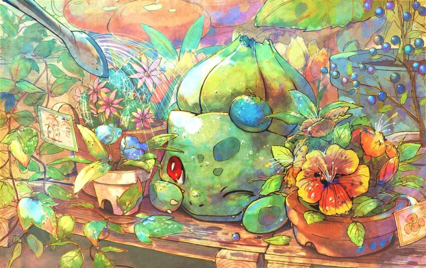 animal_focus berry_(pokemon) blue_footwear bright_pupils bulbasaur cactus claws closed_mouth dugtrio flower flower_pot funeumi gen_1_pokemon leaf nintendo no_humans nostrils one_eye_closed oran_berry orange_flower pokemon pokemon_(creature) red_eyes vileplume water_drop watering_can white_pupils