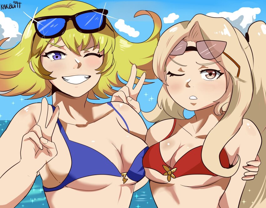 2girls bare_shoulders bikini blonde_hair blue_sky breasts cleavage cloud highres karbuitt kid_icarus kid_icarus_uprising light_brown_hair long_hair medium_breasts multiple_girls nintendo ocean one_eye_closed phosphora ponytail purple_eyes short_hair sky sunglasses swimsuit underboob upper_body v viridi water wink