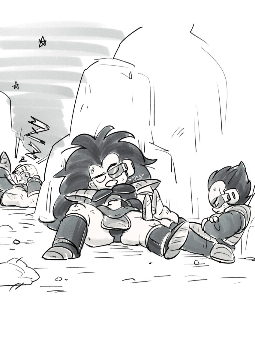 3boys absurdres aco_(aco_rz) against_rock bald bara bulge_peek closed_eyes crossed_arms crossed_legs deformed dragon_ball dragonball_z greyscale highres large_pectorals long_hair lying male_focus monochrome multiple_boys muscular muscular_male nappa on_floor on_side pectorals raditz saiyan_armor size_difference sleeping solo_focus spiked_hair spread_legs thick_eyebrows thick_thighs thigh_press thighs u_u vegeta very_long_hair