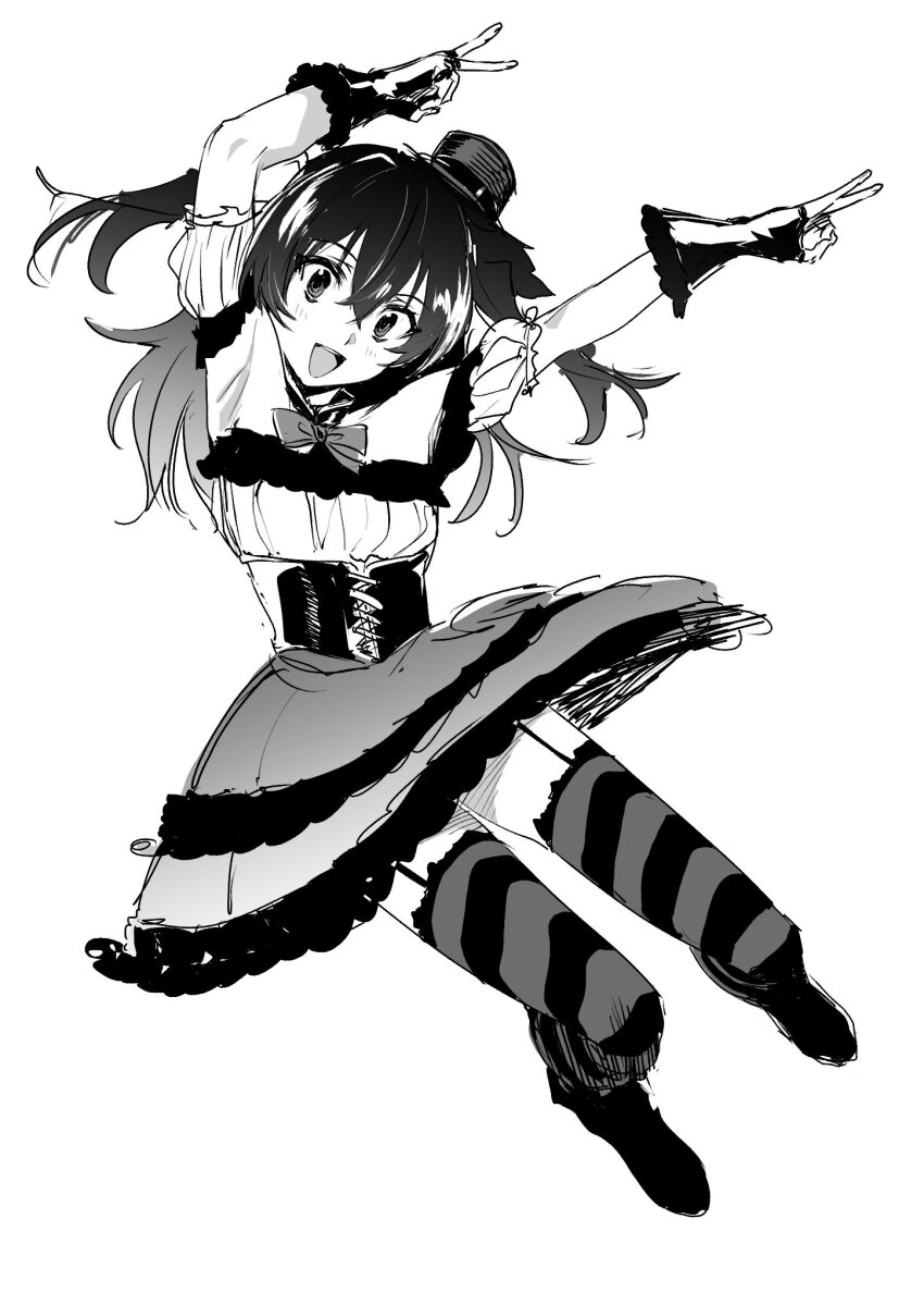 1girl :d arms_up asakura_mihono blush bow bowtie commentary_request dress frilled_gloves frills full_body garter_straps gloves greyscale hat highres layered_dress looking_at_viewer medium_hair mini_hat monochrome open_mouth puffy_short_sleeves puffy_sleeves short_sleeves simple_background smile solo striped_clothes striped_thighhighs thighhighs toji_no_miko two_side_up white_background yamamoto_kichiko