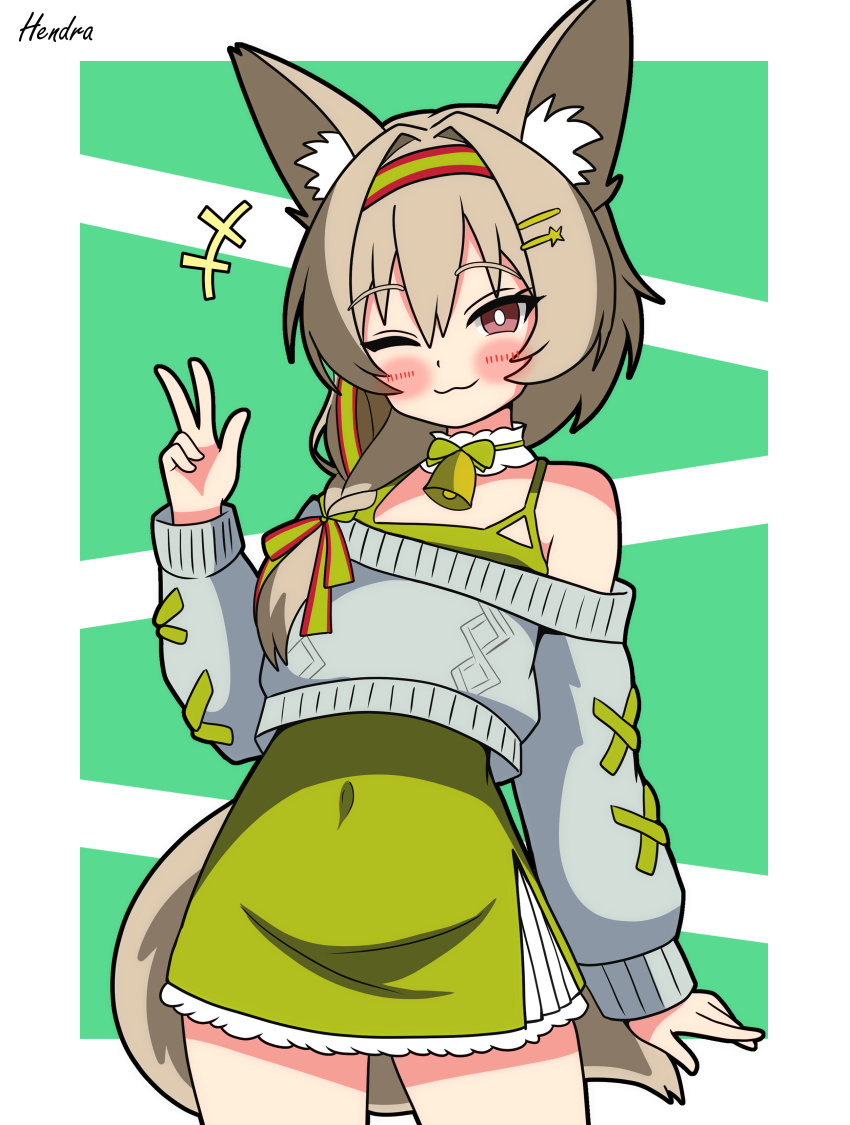 1girl absurdres animal_ear_fluff animal_ears arknights beanstalk_(arknights) beanstalk_(gift_uncompleted)_(arknights) bell braid brown_hair commentary_request dress green_dress hairband hendra highres hyena_ears hyena_girl hyena_tail neck_bell off-shoulder_sweater off_shoulder official_alternate_costume one_eye_closed red_eyes romaji_commentary single_braid solo sweater