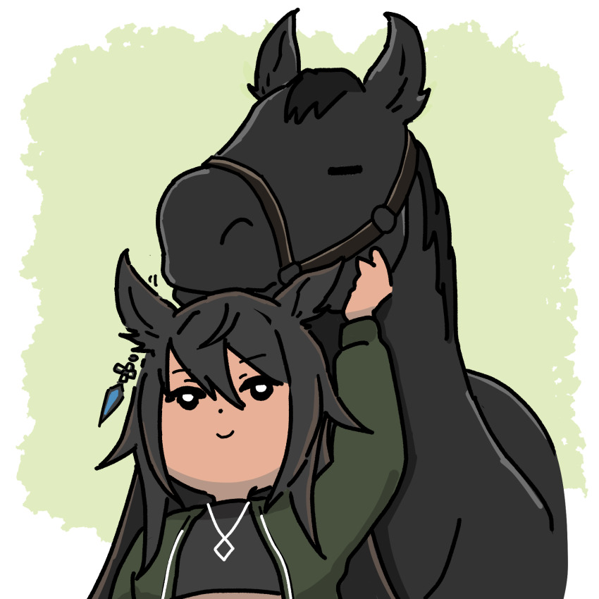 1girl animal_ear_fluff animal_ears black_hair black_tank_top bridle commentary_request creature_and_personification dark-skinned_female dark_skin earrings green_background hair_between_eyes highres horse horse_ears horse_girl jewelry long_hair motion_lines necklace nuzzle personification real_life sidelocks single_earring symboli_kris_s_(racehorse) symboli_kris_s_(umamusume) takadano_paka tank_top umamusume