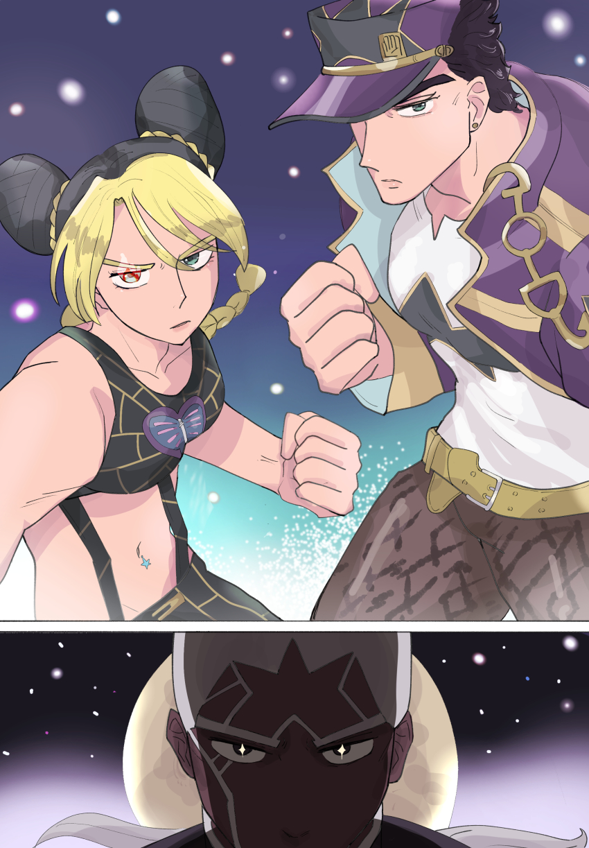 1girl 2boys absurdres akamaru46 blonde_hair braid breasts coat dark-skinned_male dark_skin enrico_pucci father_and_daughter fighting_stance hay highres jojo_no_kimyou_na_bouken kuujou_jolyne kuujou_joutarou medium_breasts moon multicolored_hair multiple_boys muscular muscular_male night night_sky priest sky twin_braids two-tone_hair