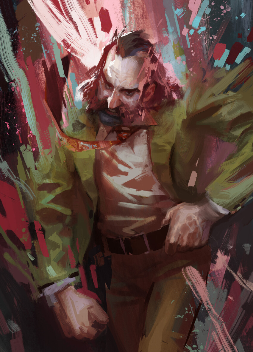 1boy abstract_background absurdres aleksander_rostov belt black_eyes black_hair brown_pants cowboy_shot disco_elysium facial_hair green_jacket harry_du_bois highres jacket male_focus mature_male mustache necktie official_art painterly pants red_necktie shirt solo standing white_shirt