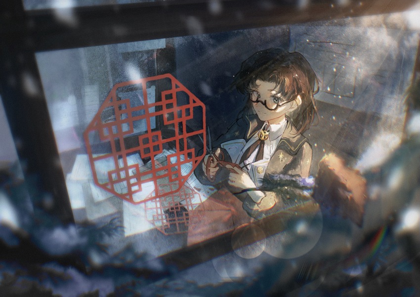 1girl absurdres black-framed_eyewear black_eyes black_hair chinese_commentary chinese_paper-cut coat collared_dress commentary_request cross_tie dress from_above from_outside glasses grey_coat highres holding holding_scissors looking_at_viewer looking_outside mangxia_xiang_chi_mangguo medium_hair papercutting reverse:1999 scissors semi-rimless_eyewear smile snowing solo under-rim_eyewear upper_body white_dress window z_(reverse:1999)