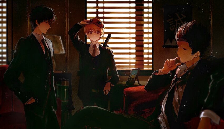 3boys black_eyes black_hair black_jacket black_necktie black_pants blazer blonde_hair blood blood_on_clothes chair crack_of_light dappled_sunlight dress_shirt elbow_rest facing_another facing_to_the_side facing_viewer finger_to_mouth finger_to_own_chin formal_clothes gintama hair_slicked_back hand_on_mask hand_up hands_in_pockets highres hijikata_toushirou holding holding_mask indoors injury jacket kondou_isao lamp lamppost light_particles looking_at_viewer looking_to_the_side loose_necktie male_focus mask mask_on_head multiple_boys necktie novale110 okita_sougo on_chair open_clothes open_jacket pants partially_unbuttoned picture_frame red_eyes red_necktie shirt sunlight sword sword_on_back unbuttoned unbuttoned_shirt unworn_mask weapon weapon_on_back white_shirt window_blinds