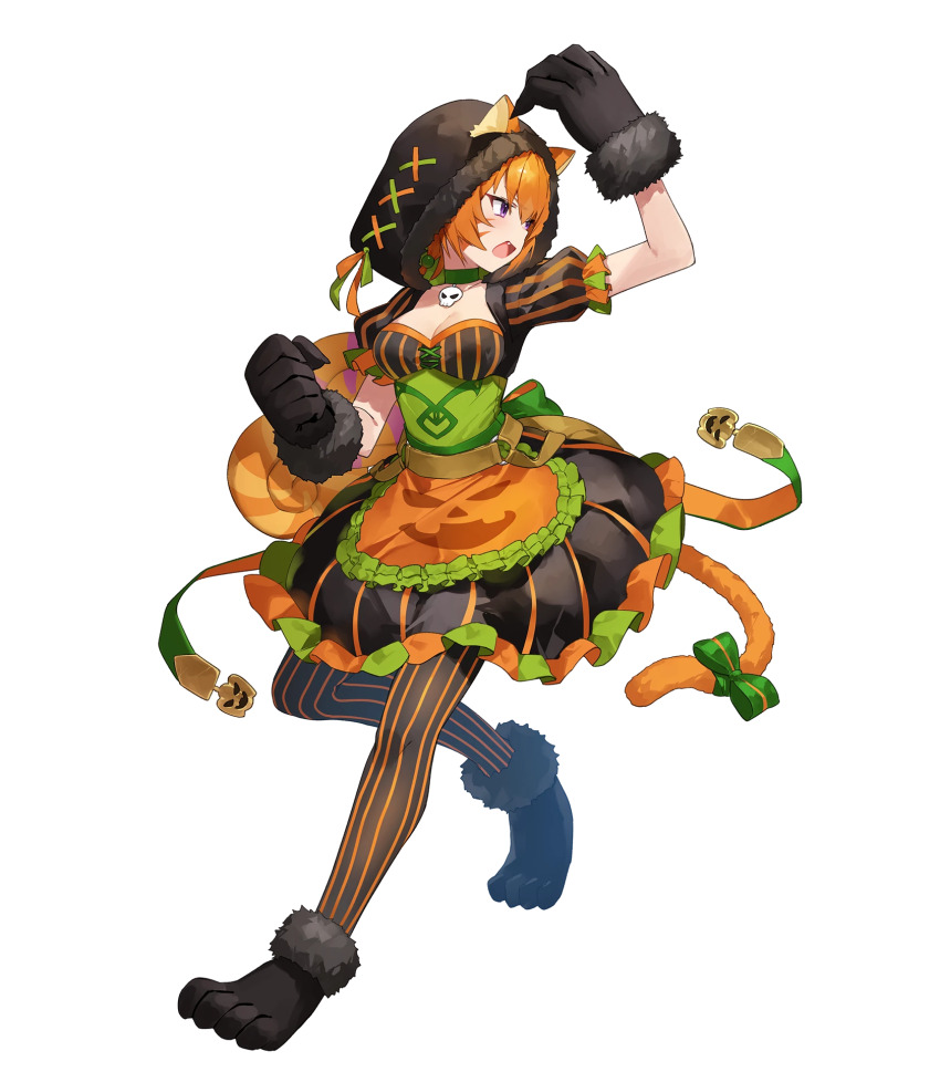 1girl animal_ears apron attack black_dress black_gloves black_hood breasts candy cat_ears cat_girl cat_tail cleavage dress fire_emblem fire_emblem:_path_of_radiance fire_emblem:_radiant_dawn fire_emblem_heroes food gloves highres hood lethe_(fire_emblem) lethe_(halloween)_(fire_emblem) lollipop medium_breasts nintendo non-web_source official_alternate_costume official_art open_mouth orange_apron orange_hair pantyhose puffy_short_sleeves puffy_sleeves purple_eyes short_hair short_sleeves skull_choker solo striped_clothes striped_dress striped_leggings tail v-shaped_eyebrows vertical-striped_leggings