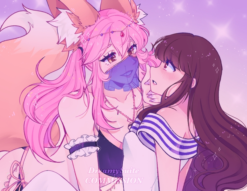 animal_ears arabian_clothes bikini blue_bikini blunt_bangs body_chain brown_eyes brown_hair character_request circlet dreamysuite dress eyelashes fate/extra fate_(series) fox_ears fox_tail grin harem_outfit highres jewelry kishinami_hakuno_(female) long_hair mouth_veil nail_polish necklace off-shoulder_dress off_shoulder parted_lips pink_hair see-through_clothes see-through_veil sidelocks smile swimsuit tail tamamo_(fate) tamamo_no_mae_(fate) veil very_long_hair white_dress yuri