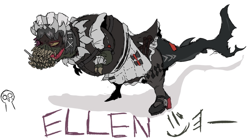1other absurdres alternate_costume animal clothed_animal cosplay deviljho dress ellen_joe ellen_joe_(cosplay) enmaided highres hinata_(sangeki0822) maid maid_headdress monster_hunter_(series) name_connection nervous_sweating pantyhose partially_shaded_face standing sweat wide-eyed zenless_zone_zero