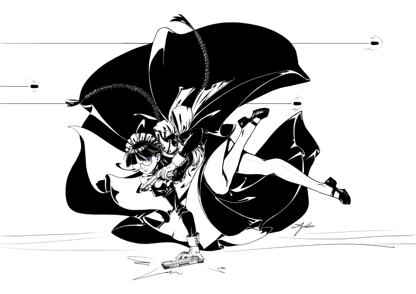1girl apollor apron black_dress black_hair black_lagoon black_thighhighs braid bullet dress gun highres holding holding_gun holding_weapon long_hair looking_at_viewer maid roberta_(black_lagoon) round_eyewear solo thighhighs twin_braids weapon