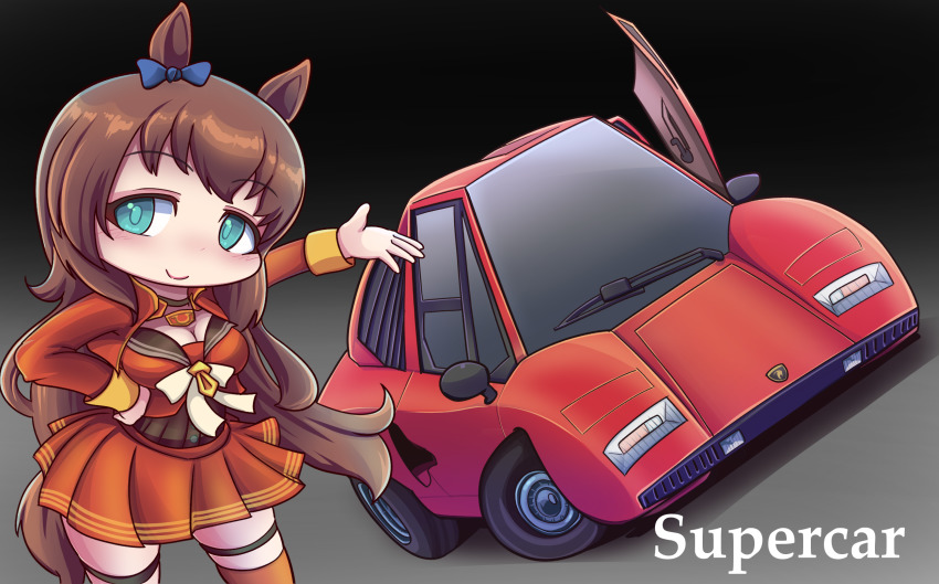 1girl animal_ears aqua_eyes blue_bow bodice bow bowtie brown_hair brown_jacket brown_shirt brown_skirt brown_thighhighs car chibi commentary ear_bow english_commentary highres horse_ears horse_girl horse_tail jacket lamborghini lamborghini_countach long_hair long_sleeves maruzensky_(umamusume) motor_vehicle name_connection sakusan_(ss-awesome) scissor_doors shirt skirt solo sports_car tail thigh_strap thighhighs umamusume vehicle_focus wavy_hair white_bow white_bowtie