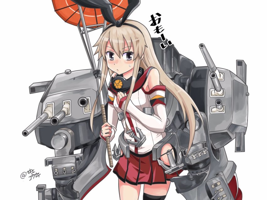 1girl anchor_hair_ornament animal_ears black_eyes blonde_hair cannon cosplay cowboy_shot detached_sleeves female_focus hair_ornament hairband highres inoue_kousei kantai_collection looking_at_viewer machinery miniskirt pleated_skirt rabbit_ears red_skirt red_umbrella shimakaze_(kancolle) ship_turret simple_background single_thighhigh skirt solo thighhighs umbrella white_background yamato_(kancolle) yamato_(kancolle)_(cosplay)