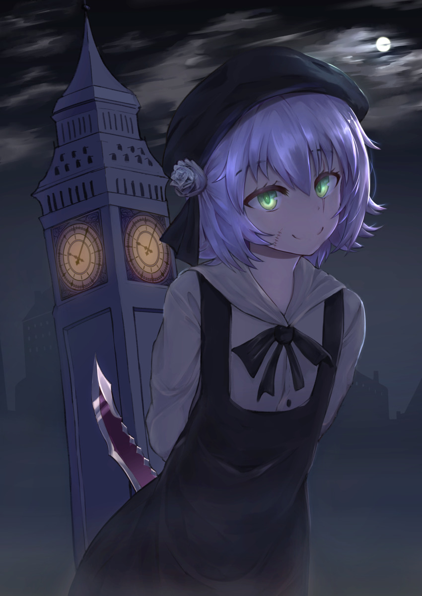 1girl absurdres arms_behind_back bandages black_hat black_ribbon commentary_request elizabeth_tower fate/grand_order fate_(series) female_focus flower green_eyes grey_flower greypidjun hat hat_flower highres holding holding_knife jack_the_ripper_(fate/apocrypha) knife looking_at_viewer pixiv_fate/grand_order_contest_2 ribbon scar scar_across_eye scar_on_face short_hair silver_hair smile solo