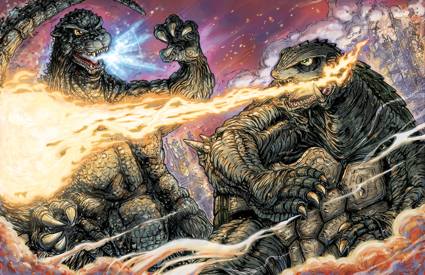 breath_weapon breathing_fire building claws colored_sclera crossover daiei_film destruction dinosaur elbow_blade embers energy energy_ball fire fireball gamera gamera_(series) gamera_2:_advent_of_legion gaz_gretsky glowing glowing_mouth godzilla godzilla_(series) godzilla_vs._spacegodzilla green_eyes highres kaiju no_humans open_mouth orange_eyes plasma plasma_bolt plasma_fireball plasmoid sea_monster sharp_teeth smoke spikes tail teeth toho tongue turtle tusks yellow_sclera