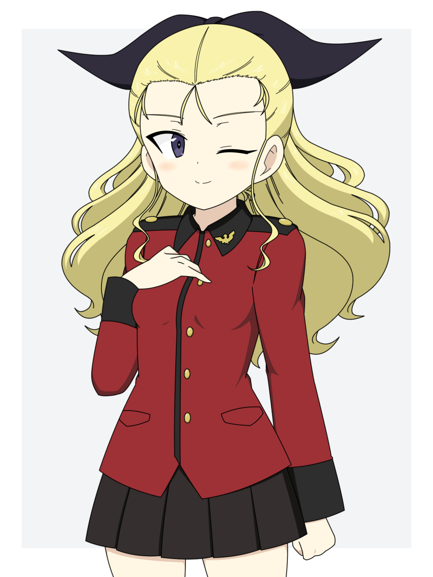 1girl assam_(girls_und_panzer) black_ribbon black_skirt blonde_hair blue_eyes closed_mouth commentary cowboy_shot girls_und_panzer grey_background hair_pulled_back hair_ribbon hand_on_own_chest highres ichinose_jun jacket long_hair long_sleeves looking_at_viewer military_uniform miniskirt one_eye_closed pleated_skirt red_jacket ribbon skirt smile solo st._gloriana&#039;s_military_uniform standing