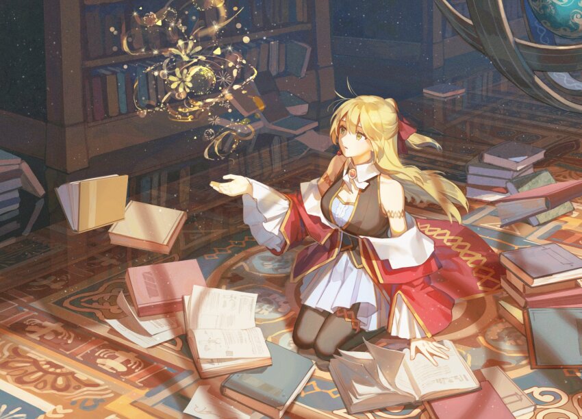 alicia_(elleranll) armlet black_vest blonde_hair blue_skirt book collared_halterneck commission earrings ema3 floating floating_book floating_hair floating_object gem gold_armlet gold_thighlet green_eyes hair_ribbon hand_on_book highres indoors jacket jewelry library long_hair looking_at_object magic off_shoulder open_book original outstretched_hand pile_of_books pleated_skirt red_brooch red_gemstone red_jacket red_ribbon ribbon seiza sitting skeb_commission skirt sphere_earrings vest wide_sleeves