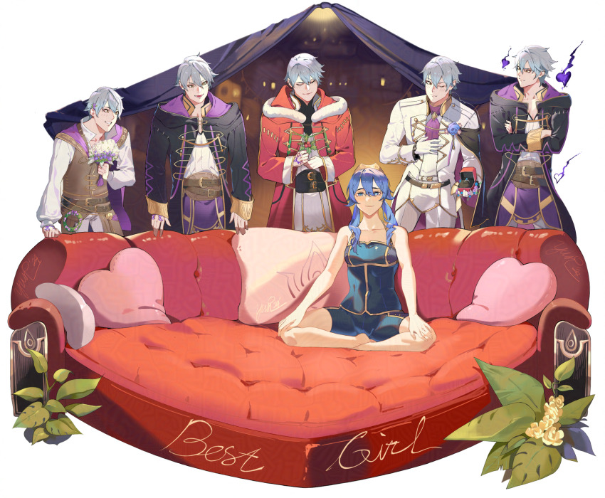1girl 5boys ahoge armpits arms_at_sides bare_arms bare_legs bare_shoulders barefoot blue_camisole blue_eyes blue_hair blue_panties blush boyshort_panties brand_of_the_exalt breasts camisole collarbone couch covered_navel english_text facing_viewer feet fire_emblem fire_emblem_awakening fire_emblem_cipher fire_emblem_heroes fire_emblem_warriors full_body groin hair_between_eyes hair_ornament happy harem heart heart-shaped_pillow highres husband_and_wife imminent_penetration indian_style indoors intelligent_systems legs long_hair looking_at_viewer lucina_(fire_emblem) male_robin_(fire_emblem) matching_hair/eyes matching_underwear multiple_boys multiple_persona neck nintendo official_alternate_costume official_underwear one_eye_closed panties pillow piper_perri_surrounded_(meme) print_camisole print_panties reverse_harem male_robin_(festive_tactician)_(fire_emblem) male_robin_(valentine)_(fire_emblem) short_hair short_shorts shorts sidelocks sitting small_breasts smile spread_legs standing swept_bangs symbol_in_eye thighs tiara toes underwear underwear_only valentine white_hair wife_and_husbands wink yellow_eyes yusi_vishnu