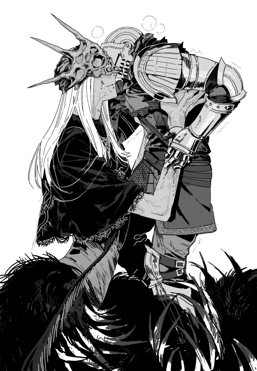 192_saioma 1boy 1other ambiguous_gender armor ashen_one_(dark_souls) capelet chainmail closed_mouth commentary dark_souls_(series) dark_souls_iii dark_sun_gwyndolin full_body fur_capelet gauntlets greyscale helmet highres knight lace-trimmed_capelet lace_trim lifting_person long_hair looking_at_another masked monochrome pauldrons shoulder_armor simple_background smile tunic