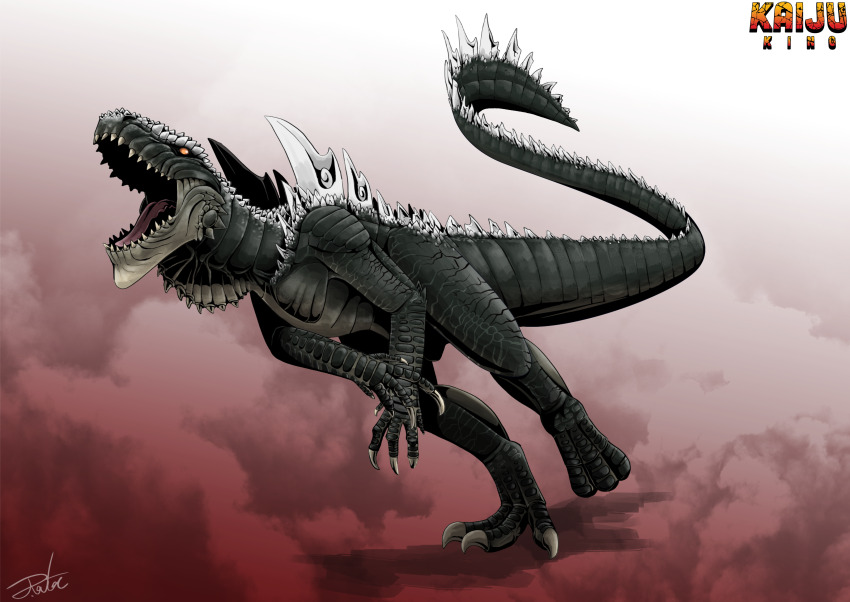absurdres claws commentary digitigrade dinosaur english_commentary english_text full_body godzilla_(series) godzilla_the_series gradient_background gugenheim98 highres kaiju monster monster_focus no_humans open_mouth orange_eyes reptile sharp_teeth signature solid_eyes solo spikes spines tail teeth zilla