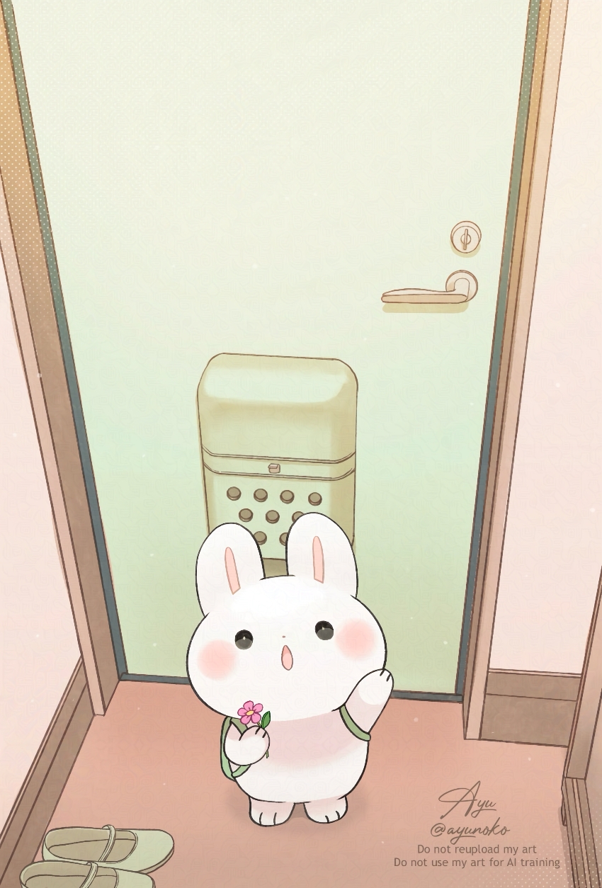 absurdres arm_up ayu_(mog) door flower highres holding holding_flower indoors looking_at_viewer looking_up open_mouth original rabbit shoes solo standing unworn_shoes