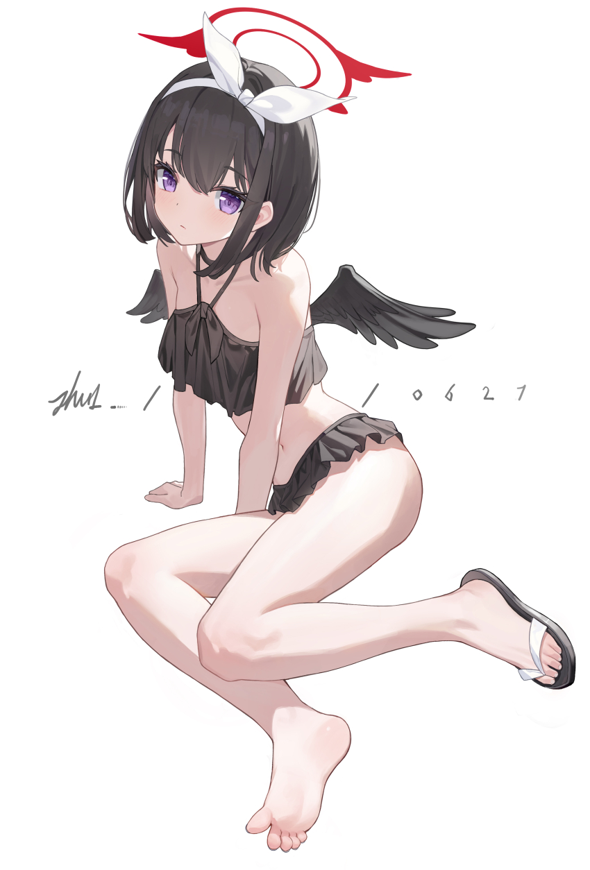 1girl absurdres arm_support bikini black_bikini black_hair black_wings blue_archive bow bow_hairband closed_mouth commentary_request frilled_bikini frills hairband halo halterneck highres looking_at_viewer luo_shu mashiro_(blue_archive) mashiro_(swimsuit)_(blue_archive) navel official_alternate_costume purple_eyes red_halo sandals short_hair simple_background single_bare_foot sitting solo swimsuit toes white_background white_bow white_hairband winged_halo wings yokozuwari
