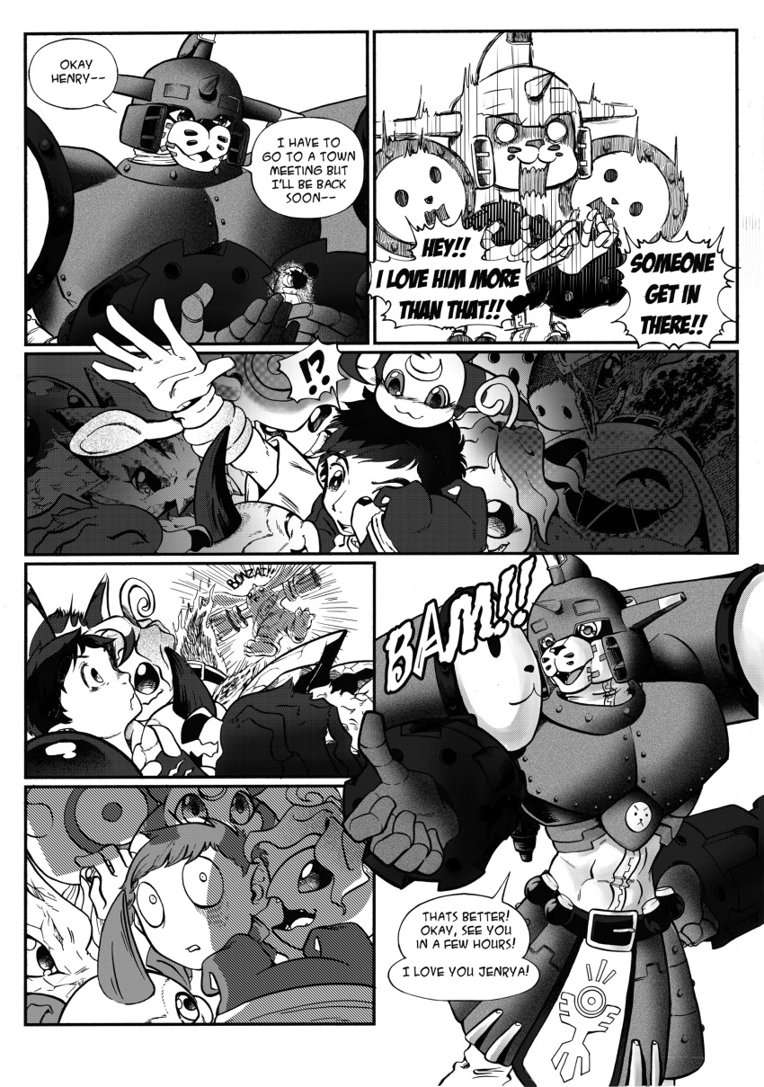 absurdres armor belt digimon digimon_(creature) dorumon elecmon gaomon highres horns jellymon koromon lalamon lee_jianliang looking_at_another lunamon muscular muscular_male palmon saintgalgomon thumbs_up tunomon