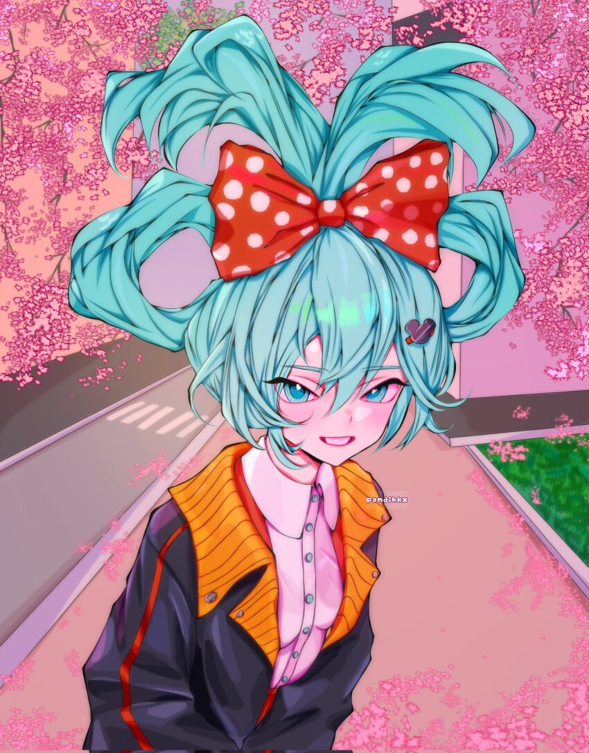 1girl aqua_eyes aqua_hair blue_eyes blue_hair bow cosplay gloves hair_bow hair_ornament hatsune_miku highres long_hair looking_at_viewer mickey_mouse mickey_mouse_&amp;_friends mickey_mouse_(cosplay) pandikxx parody smile solo upper_body very_long_hair vocaloid
