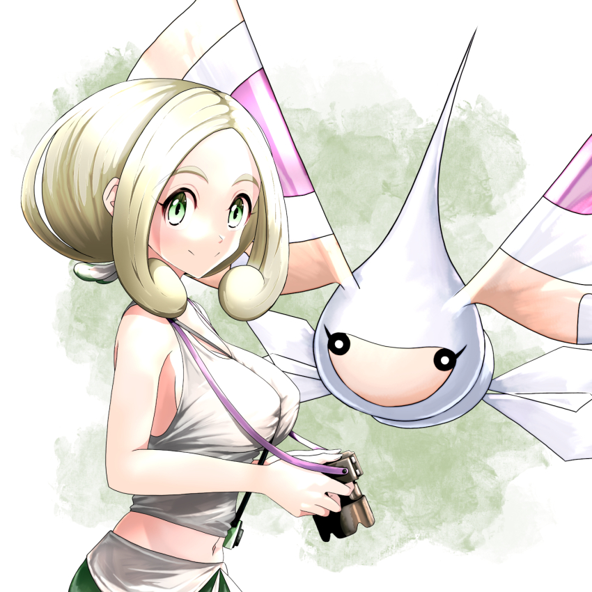 1girl bare_arms bare_shoulders between_breasts blonde_hair breasts bug camera capri_pants gen_3_pokemon green_eyes green_pants highres hitofudegaki_usagi holding holding_camera insect large_breasts masquerain midriff moth nintendo pants parted_bangs pokemon pokemon_(creature) pokemon_xy shirt short_hair sleeveless sleeveless_shirt strap_between_breasts viola_(pokemon) white_shirt