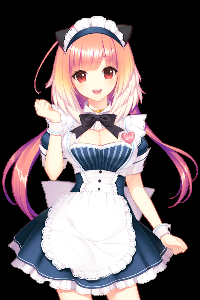 1girl apron badge blue_dress breasts button_badge dress hand_up highres long_hair maid maid_apron maid_headdress medium_breasts official_art open_mouth pink_hair red_eyes selena_(soccer_spirits) shirahane_nao smile soccer_spirits transparent_background