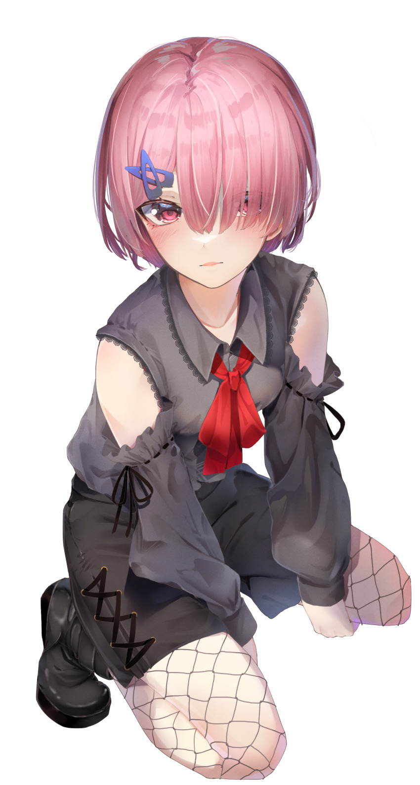 1girl absurdres alternate_costume between_legs black_ribbon black_shorts blush breasts closed_mouth clothing_cutout collarbone collared_shirt fishnet_pantyhose fishnets full_body grey_shirt hair_ornament hair_over_one_eye hairclip hand_between_legs highres kneeling pantyhose_under_shorts long_sleeves looking_at_viewer pantyhose pink_hair ram_(re:zero) re:zero_kara_hajimeru_isekai_seikatsu red_eyes ribbon ribbon-trimmed_sleeves ribbon_trim shirt short_hair shorts shoulder_cutout simple_background small_breasts solo white_background wing_collar yuunamida_uyu