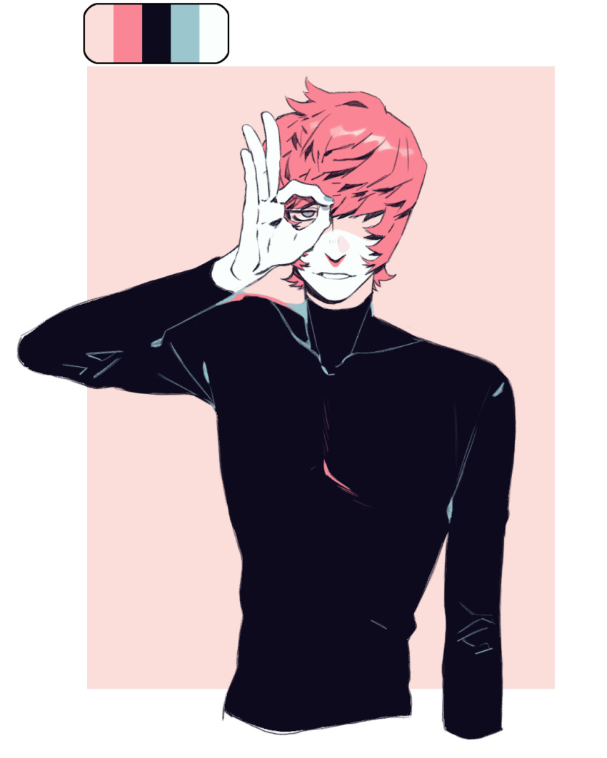 1boy border classicaloid collarbone color_guide cropped_torso frederic_chopin_(classicaloid) hair_over_one_eye highres limited_palette long_sleeves looking_at_viewer male_focus ok_sign ok_sign_over_eye parted_lips ringed_eyes sf_jd shirt short_hair simple_background solo upper_body white_border