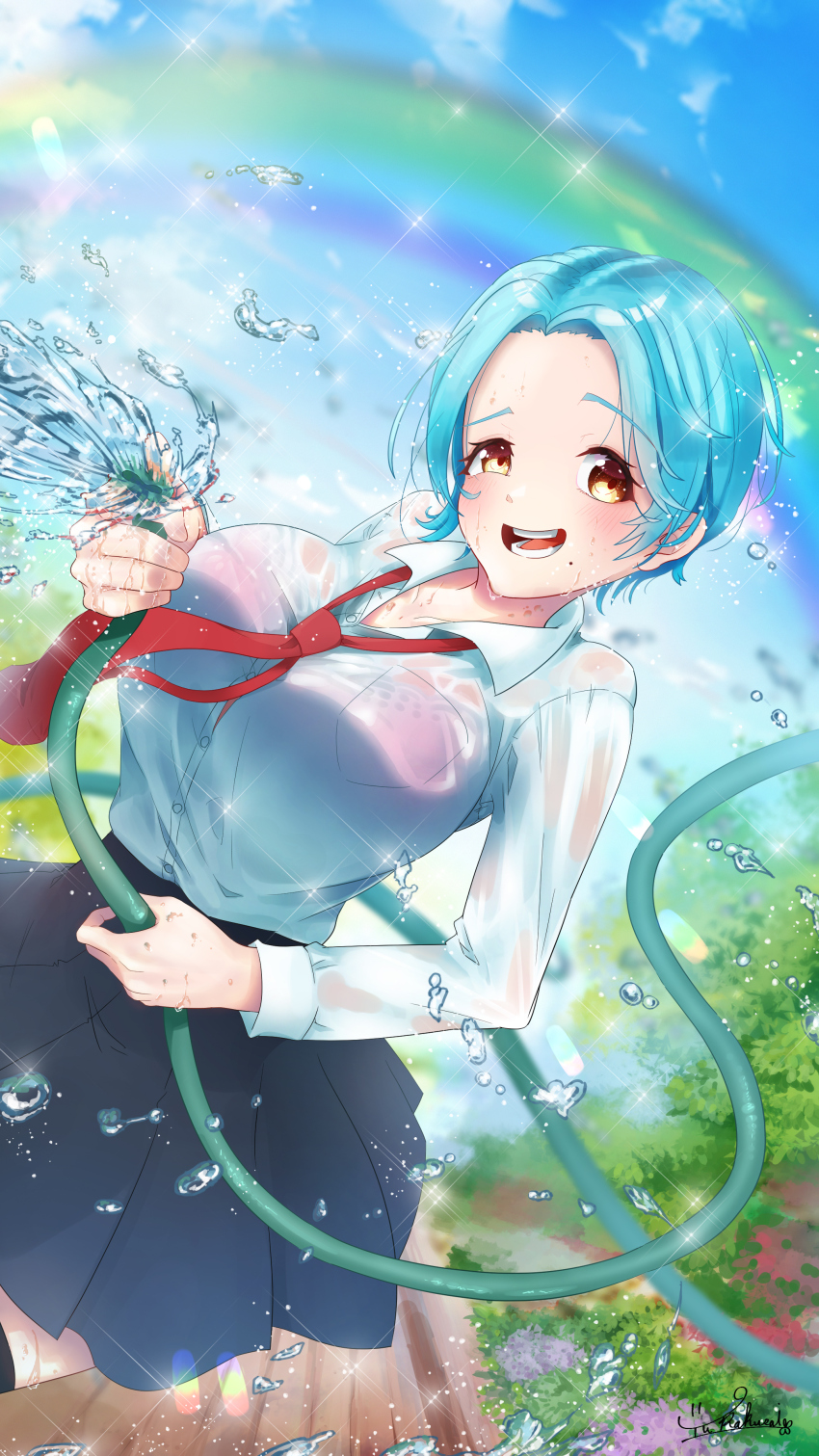 1girl :d absurdres blue_hair blue_sky bra_visible_through_clothes breasts button_gap dress_shirt dutch_angle flower forehead garden highres holding holding_hose hose large_breasts looking_at_viewer loose_necktie moira_(nijisanji) mole mole_on_breast mole_under_mouth necktie nijisanji open_mouth rainbow shirt short_hair signature sky smile solo sparkle thighhighs virtual_youtuber water water_drop wet wet_clothes yellow_eyes yurakusai