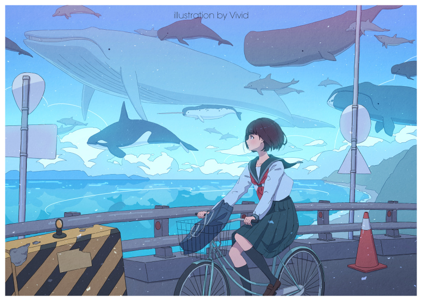 1girl artist_name bag bibido bicycle black_hair blue_skirt blue_whale brown_footwear cloud dolphin fish flying_fish flying_whale handbag highres long_sleeves looking_afar orca original railing roadblock school_uniform serafuku shirt short_hair skirt sperm_whale traffic_cone utility_pole whale white_shirt