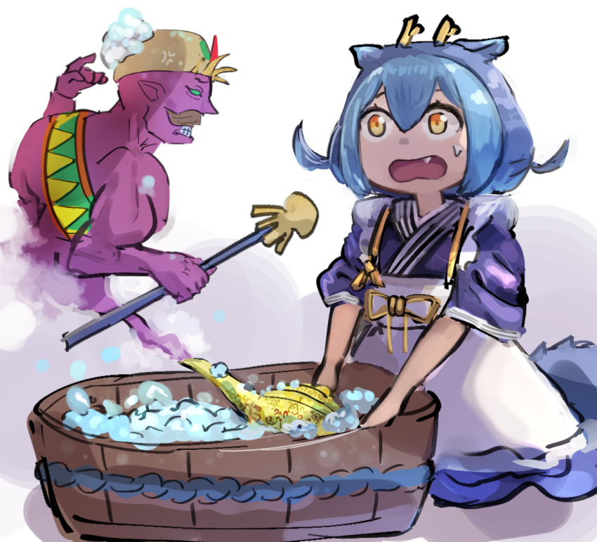 1boy 1girl blue_hair bubble clenched_teeth dragon_girl dragon_horns dragonmaid_(yu-gi-oh!) duel_monster facial_hair fang genie hatano_kiyoshi holding holding_wand horns kneeling lamp laundry_dragonmaid lord_of_the_lamp mustache mystic_lamp open_mouth pointing pointing_at_self pointy_ears pointy_nose purple_skirt sash short_hair skirt sleeves_rolled_up sweatdrop teeth wand washing washtub yellow_eyes yu-gi-oh!