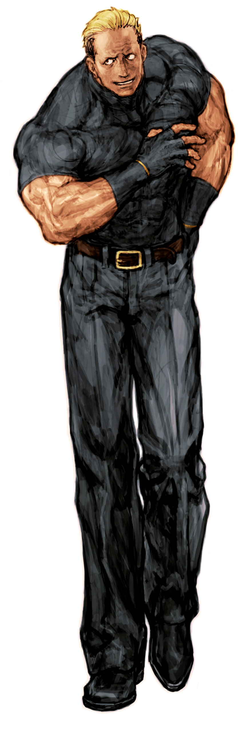 1boy absurdres belt black_hair blonde_hair capcom_vs_snk fatal_fury fingerless_gloves game_cg gloves grin hand_in_pocket hand_up highres looking_to_the_side male_focus multicolored_hair muscular muscular_male nishimura_kinu non-web_source official_art short_hair simple_background smile solo teeth two-tone_hair white_background yamazaki_ryuuji