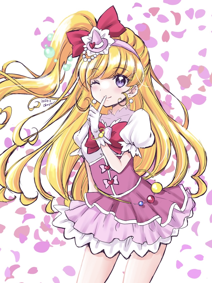 1girl blonde_hair bow breasts cure_miracle diamond-shaped_brooch diamond_brooch folded_braid gloves hair_bow hairband hat hat_ornament heart heart_hat_ornament highres long_hair looking_at_viewer magical_girl mahou_girls_precure! mini_hat mini_witch_hat okayashi one_eye_closed petals pink_arm_warmers pink_hairband pink_hat pink_skirt precure purple_eyes red_bow skirt small_breasts smile solo white_background white_gloves witch_hat