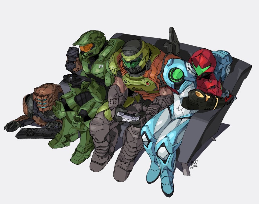 1girl 3boys arm_cannon armor computer_keyboard couch crossover dead_space doom_(series) doom_eternal doomguy green_visor halo_(series) helmet highres isaac_clarke joy-con master_chief metroid metroid_dread multiple_boys muscular muscular_male nasutetsu nintendo normal_suit_(metroid) power_armor power_suit power_suit_(metroid) samus_aran scar science_fiction sony weapon xbox_controller