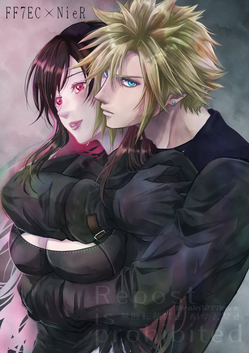 1boy 1girl 2b_(nier:automata) 2b_(nier:automata)_(cosplay) 9s_(nier:automata) 9s_(nier:automata)_(cosplay) arm_under_breasts black_choker black_dress black_gloves black_hair black_jacket blonde_hair blue_eyes blush breasts choker cleavage cleavage_cutout closed_mouth clothing_cutout cloud_strife cloud_strife_(scanner_ensemble) commentary_request company_connection cosplay couple dress earrings final_fantasy final_fantasy_vii final_fantasy_vii:_ever_crisis gloves hair_between_eyes heads_together hetero highres hug hug_from_behind jacket jewelry juliet_sleeves large_breasts lipgloss lips long_hair long_sleeves multicolored_hair nier:automata nier_(series) official_alternate_costume parted_lips pink_lips puffy_sleeves rain1217love red_eyes red_hair short_hair single_sidelock spiked_hair stud_earrings tifa_lockhart tifa_lockhart_(battler_ensemble) turtleneck turtleneck_dress two-tone_hair upper_body