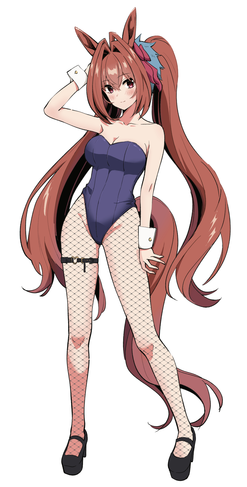 1girl absurdres alternate_costume animal_ears antenna_hair bare_shoulders black_footwear blush breasts brown_hair cleavage collarbone daiwa_scarlet_(umamusume) fishnet_pantyhose fishnets full_body hair_intakes highres horse_ears horse_girl horse_tail large_breasts leotard long_hair looking_at_viewer oxymoron_0213 pantyhose playboy_bunny purple_leotard red_eyes smile solo strapless strapless_leotard tail twintails umamusume very_long_hair wrist_cuffs