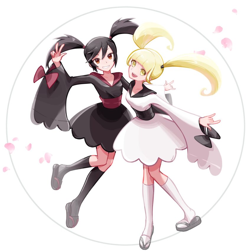 2girls :d black_hair black_kimono black_socks blonde_hair ffccll full_body furisode_girl_(pokemon) furisode_girl_kali furisode_girl_katherine highres japanese_clothes kimono kneehighs long_hair looking_at_viewer multiple_girls nintendo open_mouth petals pokemon pokemon_xy red_eyes sandals smile socks twintails w white_background white_kimono white_socks yellow_eyes