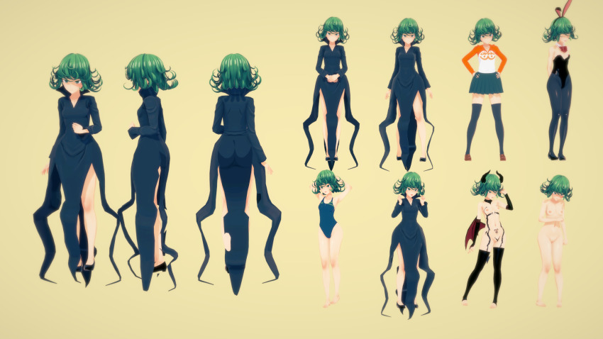 1girl 3d alternate_costume animal_ears artist_request ass bare_legs barefoot black_dress breasts reference_sheet cosplay costume curly_hair demon_girl dress fake_animal_ears full_body green_eyes green_hair highleg highleg_leotard highleg_one-piece_swimsuit highres huge_ass leotard lingerie multiple_views nude one-piece_swimsuit one-punch_man pantyhose playboy_bunny rabbit_ears shiny_skin simple_background skirt small_breasts swimsuit tatsumaki thong_leotard toes underwear