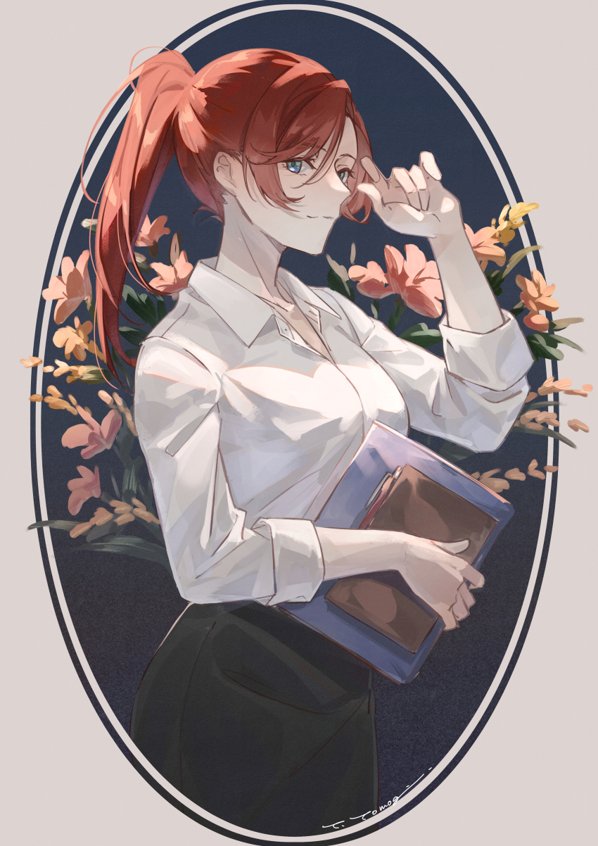 1girl absurdres black_skirt blue_eyes character_request closed_mouth collarbone collared_shirt dress_shirt grey_background hair_between_eyes high_ponytail highres long_hair multiple_girls pencil_skirt ponytail red_hair shirt skirt smile solo standing white_shirt wing_collar yama_ta_yomogi