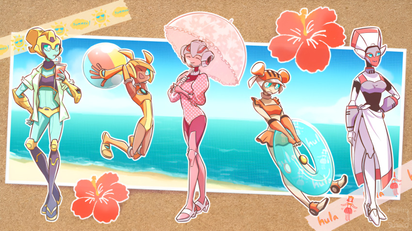 arcee ball beachball blue_eyes blue_sclera colored_sclera colored_skin dark-skinned_female dark_skin elita_one helmet high_heels highres humanoid_robot lickety_split mijinkotail029 multiple_girls one-piece_swimsuit red_alert_(transformers) resized robot sari_sumdac skirt swimsuit transformers transformers_animated umbrella upscaled