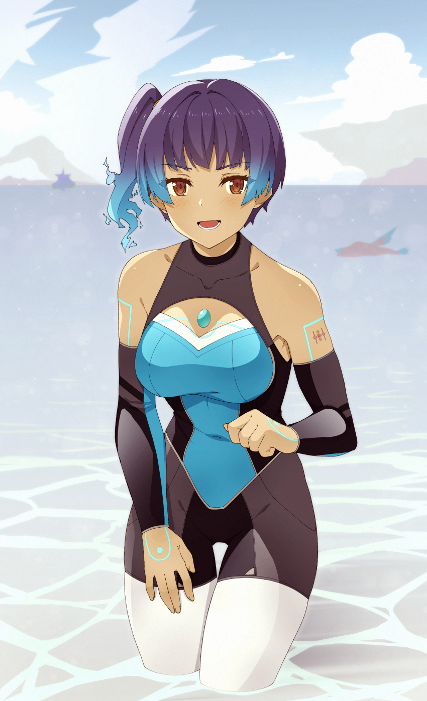 1girl absurdres bare_shoulders beach blue_hair body_markings breasts brown_eyes commentary detached_sleeves fiery_hair glowing_lines glowing_markings highres horizon large_breasts mzrz official_alternate_costume open_mouth outdoors sena_(xenoblade) side_ponytail smile solo standing swimsuit wading water xenoblade_chronicles_(series) xenoblade_chronicles_3